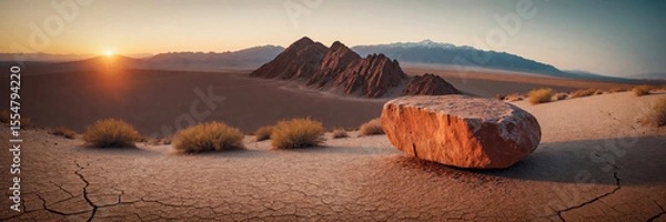 Fototapeta Sun setting behind mountains in desert landscape with large rock