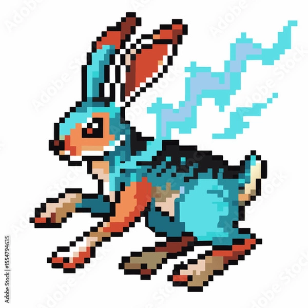 Obraz Pixel art blue jackrabbit with lightning energy retro digital animal, electric wild hare, fantasy game illustration