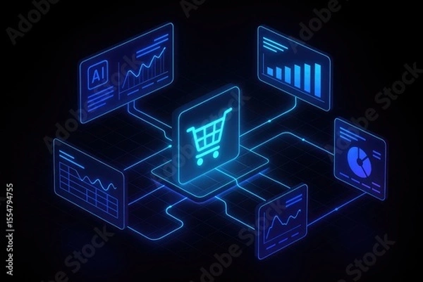 Obraz Digital Shopping Analytics Interface With Neon Blue Graphs image