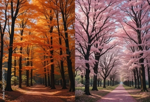 Fototapeta Autumn and spring tree-lined paths in warm golden and pink foliage contrast side by side.