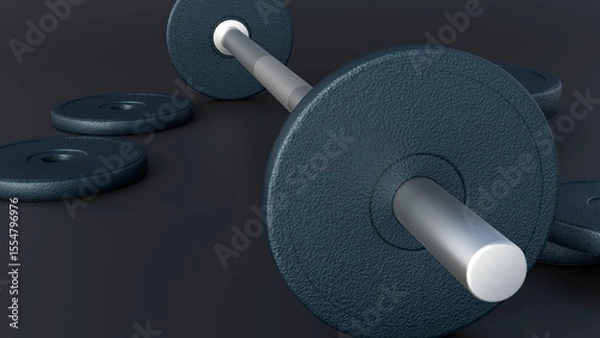 Fototapeta A 3d rendering of a dumbbell with several weight plates, black circular weight plates. The plates made of a textured material cast iron or rubber-coated.