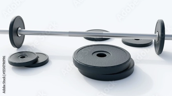 Fototapeta A 3d rendering of a dumbbell with several weight plates, black circular weight plates. The plates made of a textured material cast iron or rubber-coated.