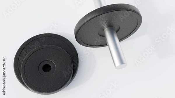 Fototapeta A 3d rendering of a dumbbell with several weight plates, black circular weight plates. The plates made of a textured material cast iron or rubber-coated.