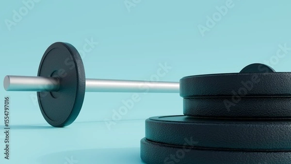 Fototapeta A 3d rendering of a dumbbell with several weight plates, black circular weight plates. The plates made of a textured material cast iron or rubber-coated.