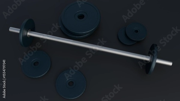 Fototapeta A 3d rendering of a dumbbell with several weight plates, black circular weight plates. The plates made of a textured material cast iron or rubber-coated.