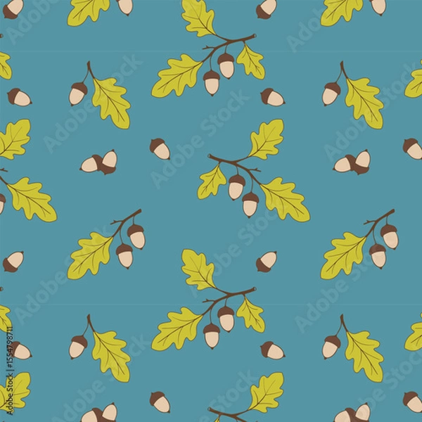 Obraz Autumn pattern with oak acorns, acorns on blue pastel background. Seasonal ornament. Endless texture can be used for web design, printing onto fabric and paper or scrapbooking.