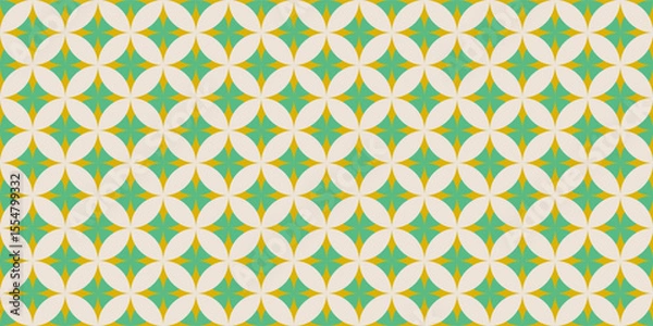 Fototapeta Trendy groovy geometric seamless pattern with round silhouettes, curved lines, triangles, circles, lattice, grid. Abstract minimal flat vintage background. Repeated texture in psychedelic style.Vector
