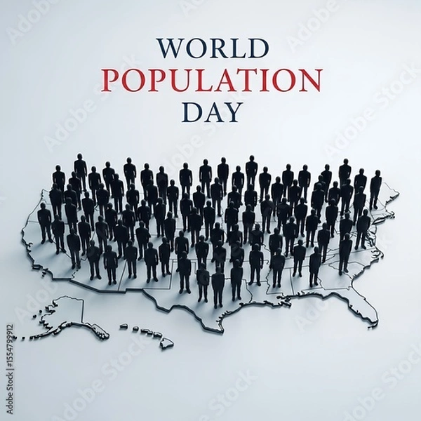 Fototapeta World Population Day Conceptual Art Featuring Silhouettes of People Standing on Map of United States Emphasizing Population Density