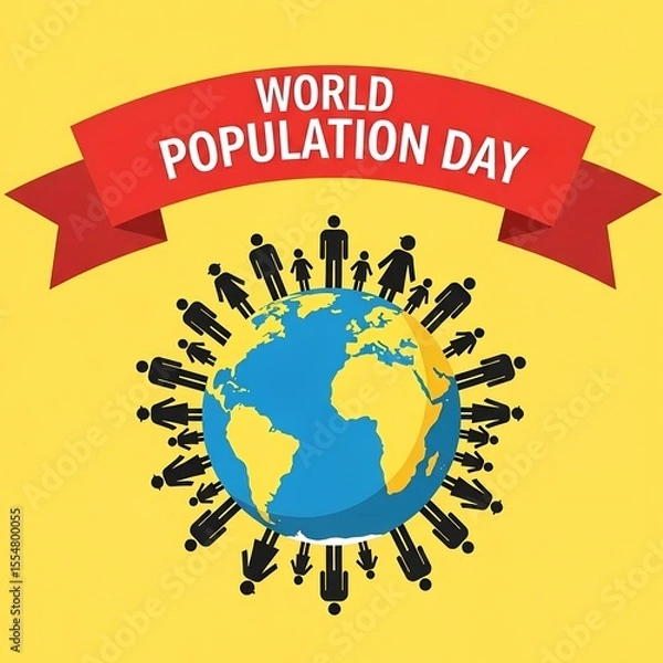 Fototapeta World Population Day Graphic with People Surrounding Earth Globe and Red Ribbon Banner Message on Yellow Background