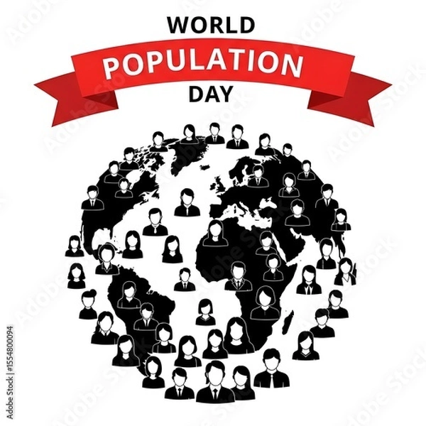 Fototapeta World Population Day Awareness Graphic Featuring People Silhouettes Forming World Map on a White Background with Red Banner