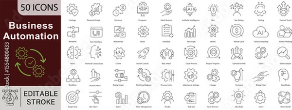 Fototapeta Business Automation Icon Set - 50 Editable Workflow Process Icons for Digital Transformation, AI and Enterprise Efficiency Vector Collection. Editable Stroke linear icons