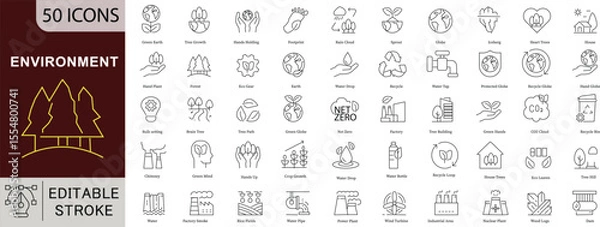 Fototapeta Environment Ecology Icon Set - 50 Editable Green Nature Icons for Sustainability, Climate Change and Environmental Protection Vector Collection. Editable Stroke linear icons