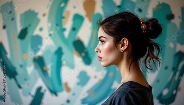Fototapeta a woman with an introspective expression stands in front of an abstract art backdrop, her head slightly tilted as she gazes off to the side