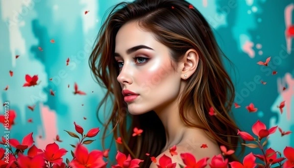 Fototapeta the image is a portrait of a young woman with long dark hair against a colorful background. she has a striking gaze and is adorned with makeup that highlights her features