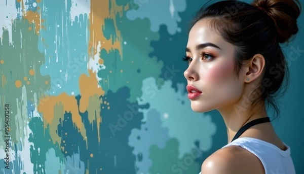 Fototapeta a woman with her hair pulled back into a bun. she has makeup that includes eyeliner, mascara, and lipstick. her expression is neutral to slightly serious