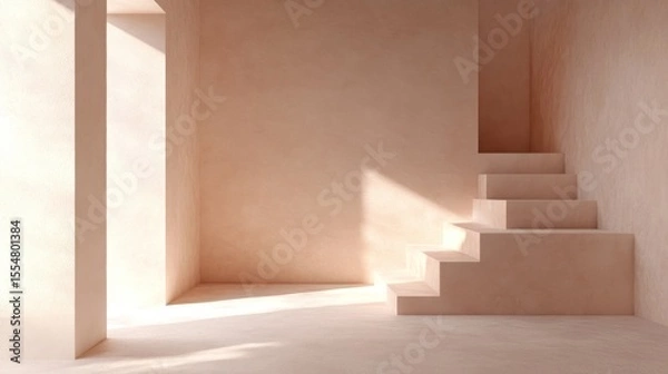 Fototapeta Modern interior scene with neutral tones and steps.