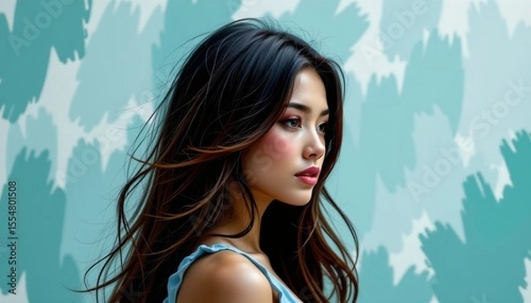 Fototapeta a woman with medium length hair, wearing makeup including eyeliner and lipstick. she has a light skin tone and is looking slightly to her left with a neutral expression