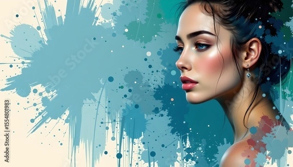 Fototapeta this is an artistic illustration featuring a woman with striking blue eyes and pink lipstick. her hair is pulled back to reveal her face, which is centered in the frame