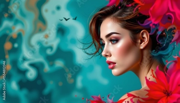 Fototapeta a woman with a striking appearance, standing out against a vibrant, tropical backdrop featuring large flowers. her gaze is directed towards the viewer, creating a sense of connection