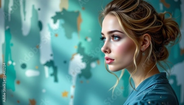 Fototapeta a young woman with fair skin and striking blue eyes. she has a delicate complexion and is adorned with minimal makeup. her hair, styled in loose waves, complements her fair complexion