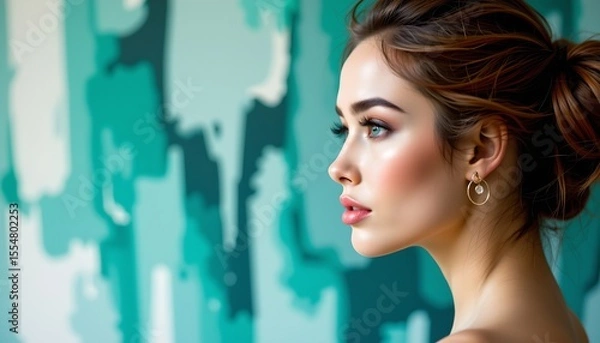 Fototapeta there is a close up of a woman with fair skin and striking eyes. she has her hair pulled back and seems to be looking directly at the camera