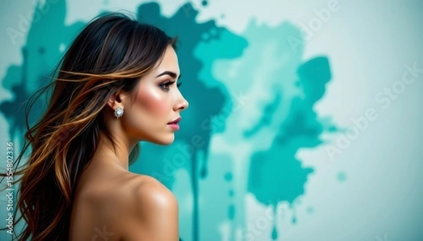 Fototapeta a woman with long hair in an artistic portrait style. she stands in front of a vibrant graffiti wall that is rich in blues, reds, and yellows, giving a contrast to her attire