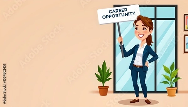 Fototapeta the illustration features an animated character standing in front of a door with a sign that reads "career opportunity