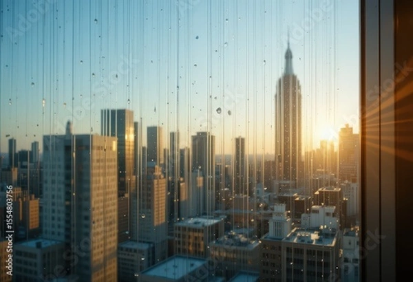Fototapeta Raindrops on window with cityscape and sunrise in background at golden hour.