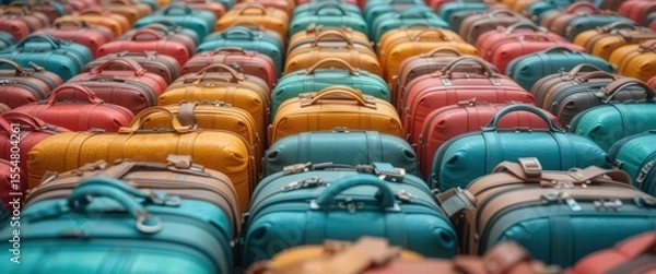 Fototapeta Colorful suitcases arranged in neat rows on flat surface, travel concept background.