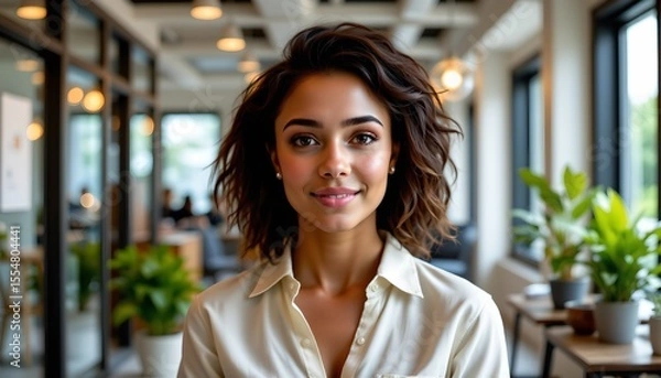 Fototapeta there is a woman with short hair standing in an indoor setting that resembles a modern office space. she is smiling and looking directly at the camera