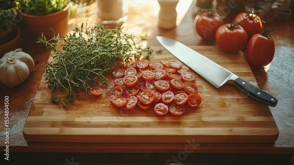 Fototapeta Sliced Tomatoes with Thyme and Garlic on a Cutting Board with Knife