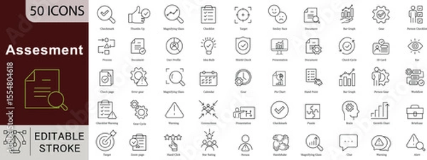 Fototapeta Assessment Icon Set - 50 Editable Testing Analysis Icons for Performance Review, Quality Control and Educational Measurement Vector Collection. Editable Stroke linear icons
