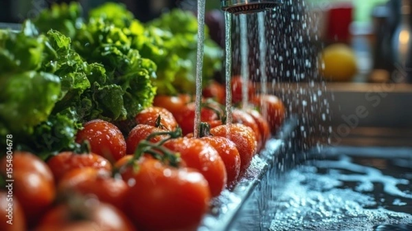 Fototapeta Tomatoes and Lettuce Being Washed Under Faucet in Sink