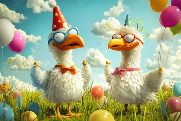 Fototapeta Goose Party A Fun and Colorful Celebration birthday card made with generative AI