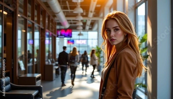 Fototapeta a woman standing inside a modern building, which appears to be an airport or public transport hub. she is positioned in the middle of a spacious corridor with people moving around her