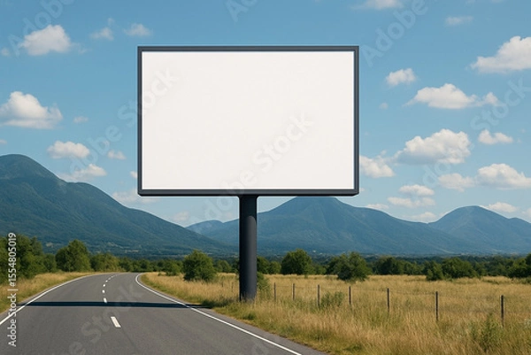 Fototapeta An empty billboard stands on the side of a highway with mountains in the background