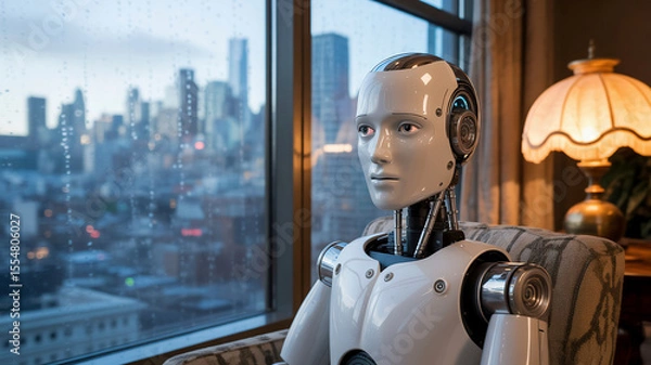 Fototapeta A humanoid robot sitting alone at a window, gazing at the city lights, humanlike sadness in its synthetic eyes, soft rain outside, warm indoor lighting, cinematic solitude