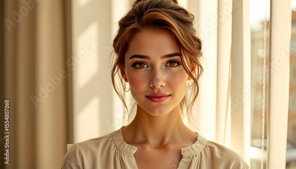 Fototapeta a woman looking directly at the camera with a gentle expression. she has long hair and is wearing makeup. her attire consists of a light colored top