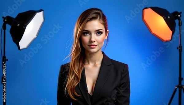 Fototapeta in the center of the image, there's a woman with long hair, dressed in a black jacket. she is standing next to a blue background with three studio lights illuminating her