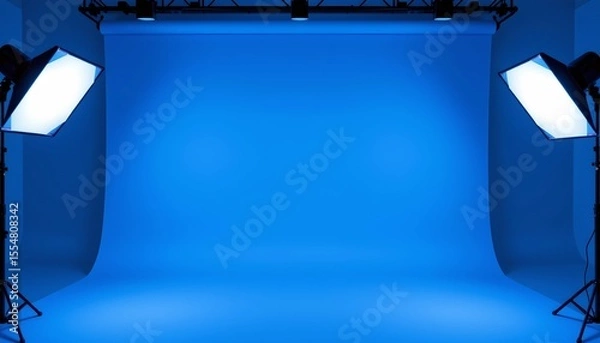 Fototapeta an empty video studio with a blue floor, surrounded by black walls and featuring two large video cameras on tripods at either end of the frame