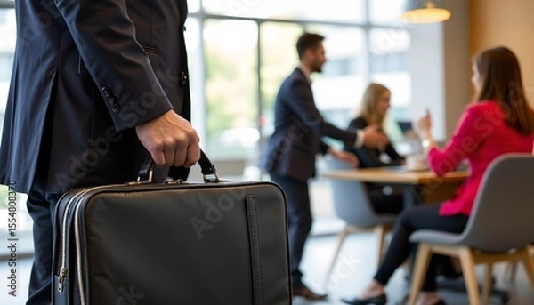 Fototapeta a professional setting with a businessman in a suit carrying a briefcase, standing next to colleagues seated at a table in what appears to be a modern office environment