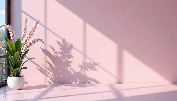 Fototapeta a tranquil indoor setting with warm natural light. a vase with flowers rests on a window sill against a pink backdrop, creating a soft contrast. the flowers add a touch of nature to the room