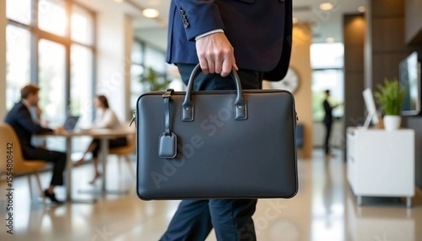 Fototapeta a man in a suit walking through an office building, pulling a briefcase behind him. he is dressed in business attire, including a jacket, trousers, and shoes, suggesting a formal work environment