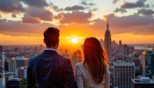 Fototapeta a couple stands close together, gazing at the sunset with city silhouettes in the distance. they are looking over their shoulders toward each other and the camera