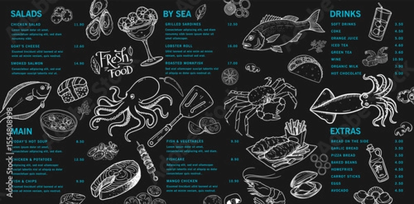 Fototapeta Seafood flavor enriched with hand-drawn details. Restaurant and seaside cafe menu, complete with various seafood.