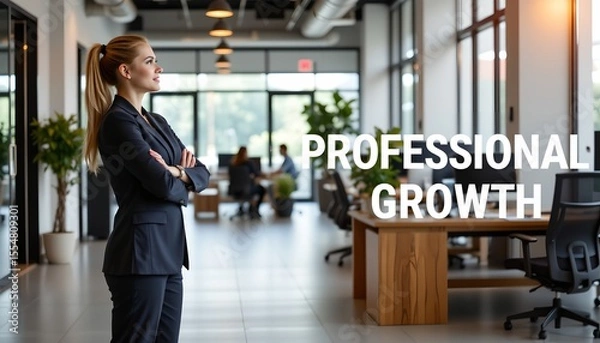 Fototapeta a professional environment featuring a woman in a business suit standing confidently in front of her desk. she appears to be addressing the camera, her hands clasped together in front of her