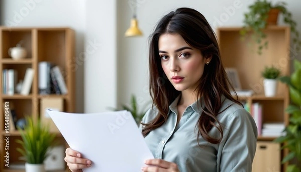 Fototapeta there is a young woman in a modern office setting. she is holding a piece of paper with both hands, her expression one of concentration or review
