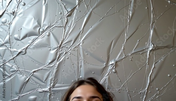 Fototapeta a person standing next to a wall adorned with metallic foil panels that create an abstract, shiny backdrop