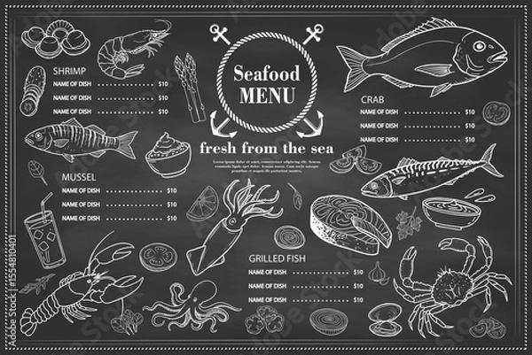 Fototapeta Simple and eye-catching restaurant menu created with mussels, oysters, crab and salmon drawings.