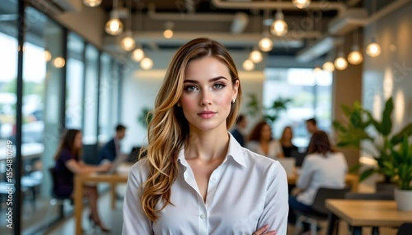 Fototapeta a woman in an office environment. she appears to be standing confidently with her hands clasped together